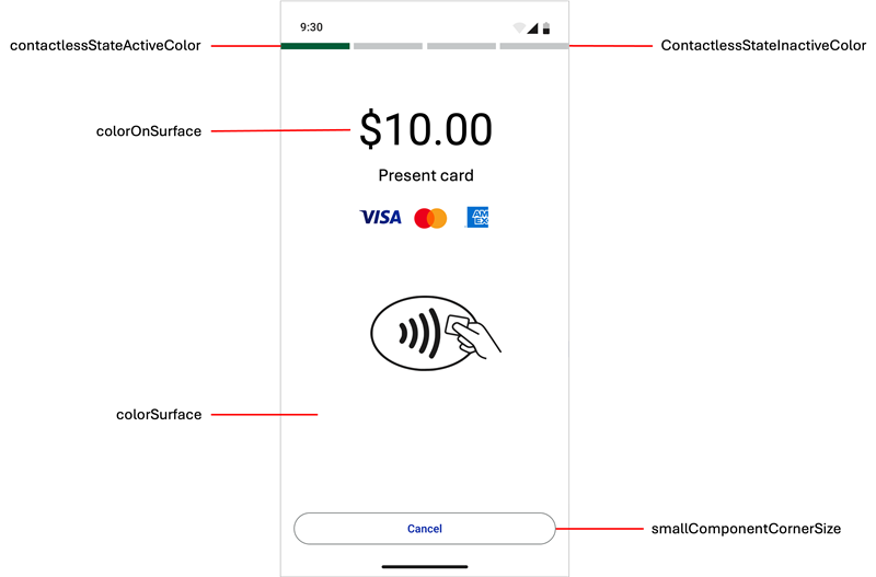 Example 1, Tap to Pay on Android Default UI style elements showing icons, labeled
          buttons, colors, and text