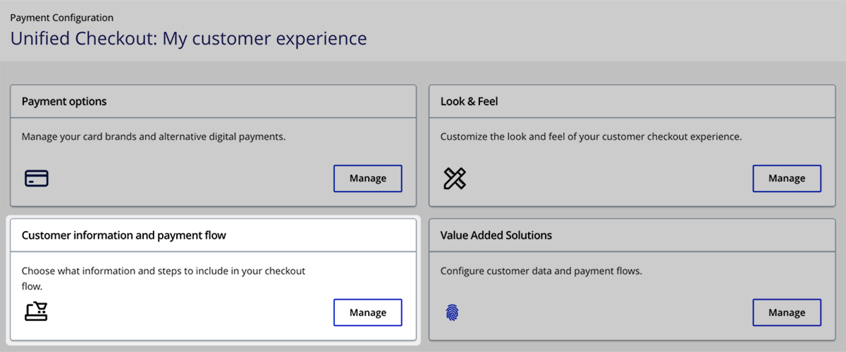 Image that shows the Unified Checkout customer data and
							payment flow merchant experience page.