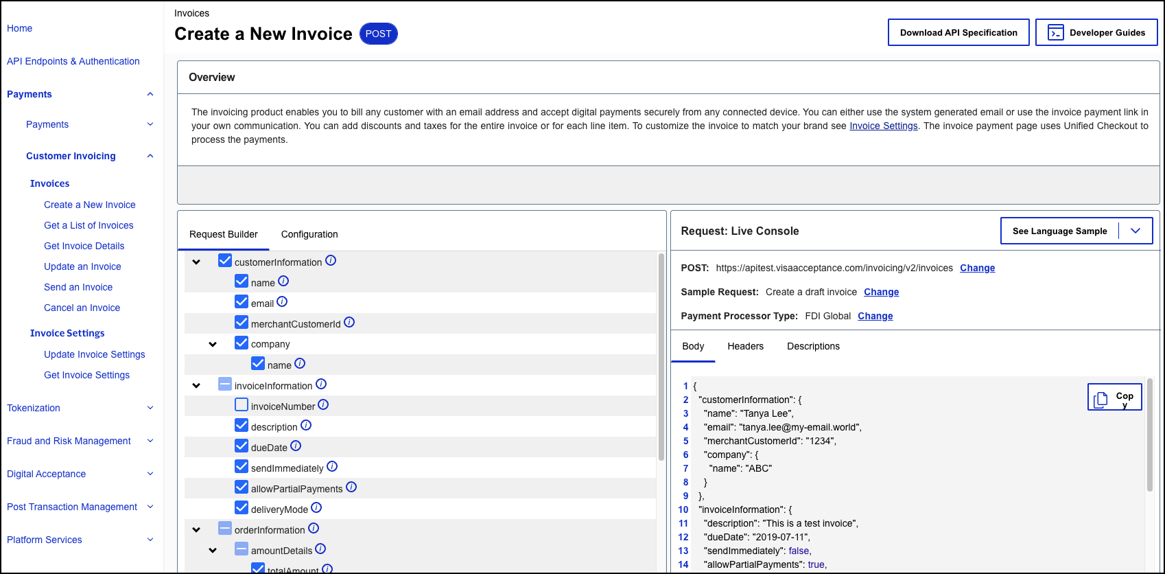 Image and link to the interactive code example for creating a new
                            invoice.