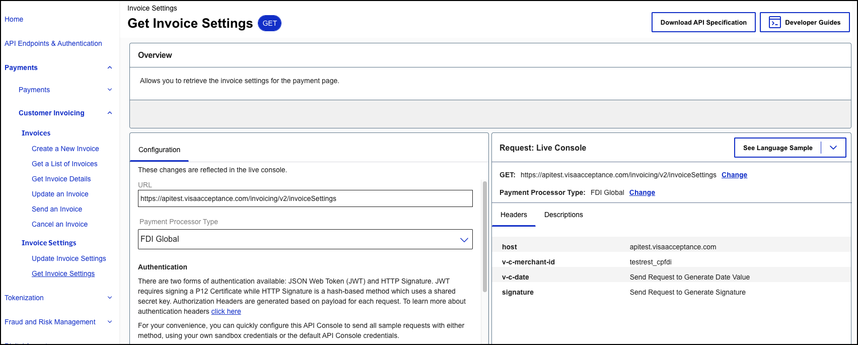 Image and link to the interactive code example for updating invoice
                                settings.