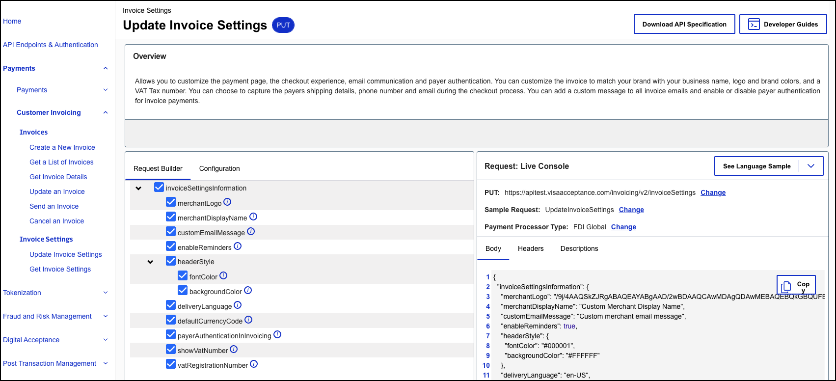 Image and link to the interactive code example for updating invoice
                                settings.