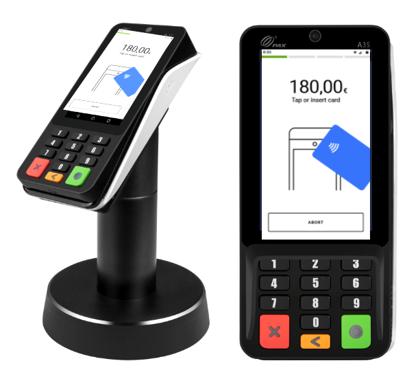 Front and side view PAX A35 product photos. The front photo has a screen
                        example showing a transaction. The side view photo shows the device mounted
                        to a stand and also has a screen example showing a transaction.