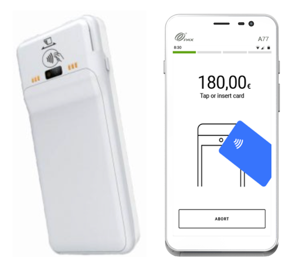 Front and back PAX A77 product photos. The front photo has a screen example
                        showing a transaction. The back photo shows a Tap to Phone icon and reader
                        at the top.