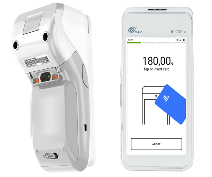 Front and back PAX A920 PRO product photos. The front photo has a screen
                        example showing a transaction. The back photo shows the cover of the
                        integrated printer.